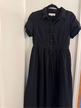 Black Button-Front Collared Midi Dress